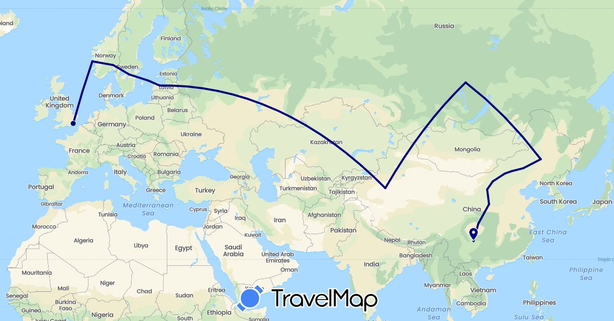 TravelMap itinerary: driving in United Kingdom, Latvia, Norway, Russia, Sweden (Europe)